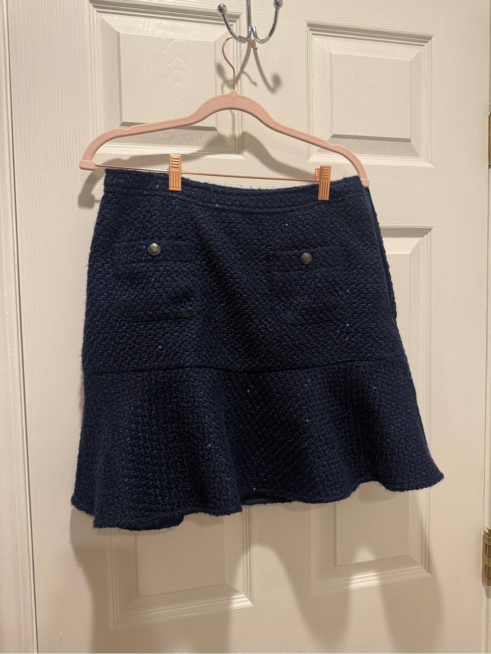 LOFT Navy Tweed Flare Skirt with Pocket Buttons